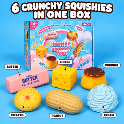CrunchPantry crunchy squishy set, six food-shaped squishies in front of their box