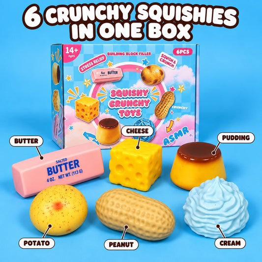 CrunchPantry crunchy squishy set, six food-shaped squishies in front of their box
