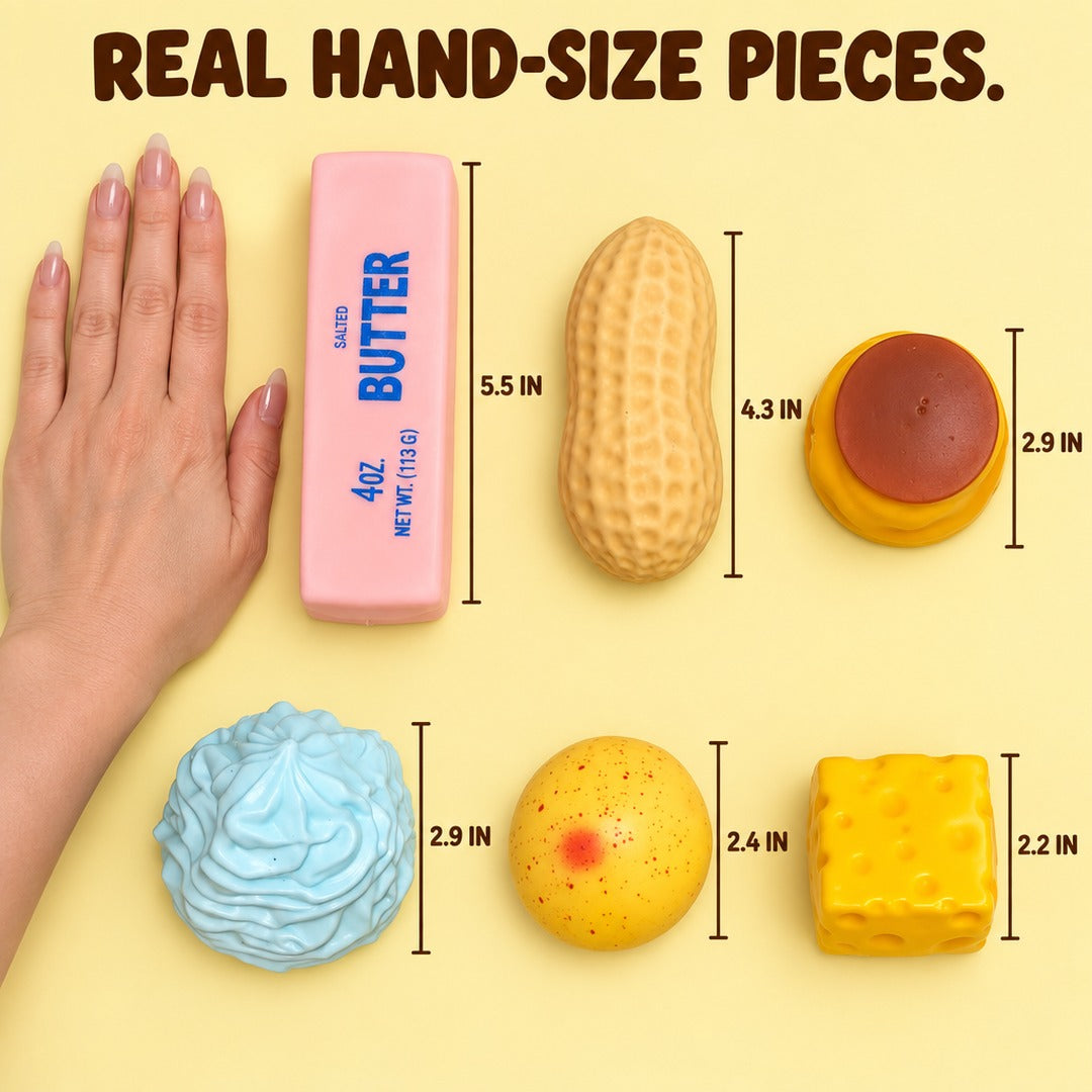 All six squishies measured beside a hand