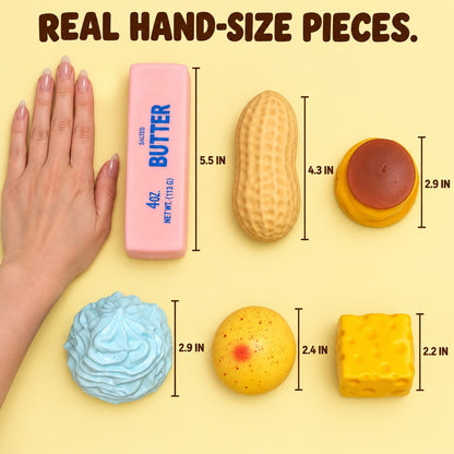 All six squishies measured beside a hand