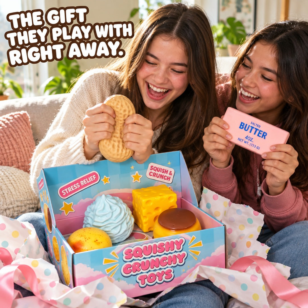 Teens opening the squishy set as a gift
